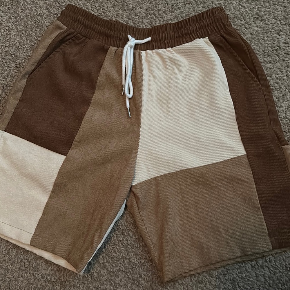 Corduroy Brown, Tan, Cream, and White Colorblock Drawstring Waist Shorts